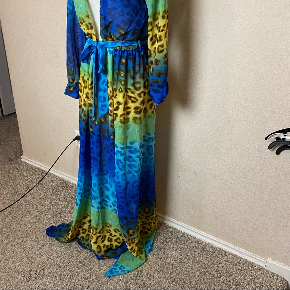 Moda Minx Dress Turquoise Leopard Print Long Sleeve Split Hem Maxi Size Small - Picture 5 of 10
